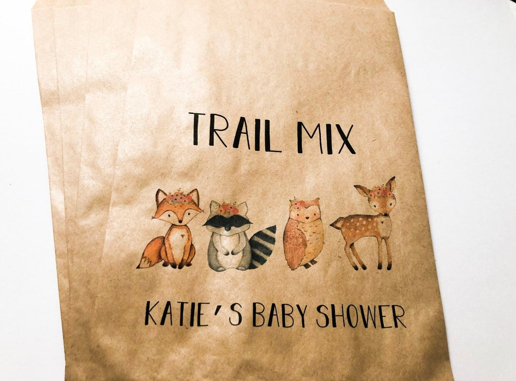 Trail Mix Girl Woodland Animal Baby Shower Floral Woodland Personalized Kraft Favor Bags Treat Bags, Set of 10