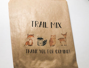 Trail Mix Woodland Animal Baby Shower Floral Woodland Kraft Favor Bags Treat Bags, Set of 10