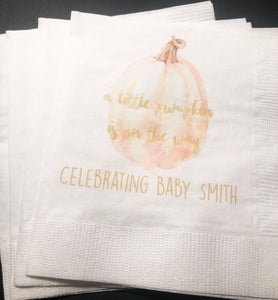 A Little Pumpkin Is On It's Way Fall Baby Shower Gender Neutral Orange Pumpkin Gold Personalized Cocktail Napkins, Set of 25