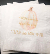 Load image into Gallery viewer, A Little Pumpkin Is On It&#39;s Way Fall Baby Shower Gender Neutral Orange Pumpkin Gold Personalized Cocktail or Luncheon Napkins, Set of 25
