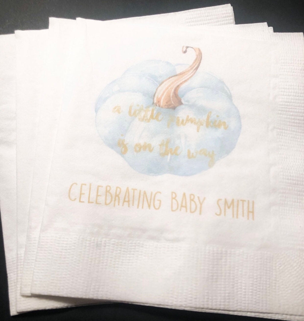 A Little Pumpkin Is On It's Way Boy Fall Baby Shower Blue Pumpkin Gold Personalized Cocktail or Luncheon Napkins, Set of 25