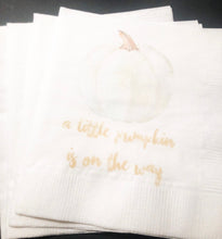 Load image into Gallery viewer, A Little Pumpkin Is On It&#39;s Way Fall Baby Shower Gender Neutral White Pumpkin Gold Cocktail Napkins, Set of 25
