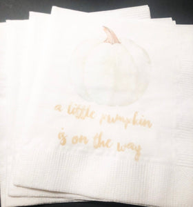 A Little Pumpkin Is On It's Way Fall Baby Shower Gender Neutral White Pumpkin Gold Cocktail Napkins, Set of 25