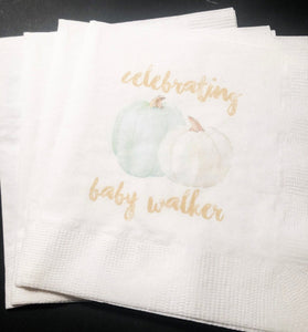 Fall Pumpkin Baby Shower Gender Neutral White Pumpkin Green Pumpkin Gold Personalized Cocktail Napkins, Set of 25