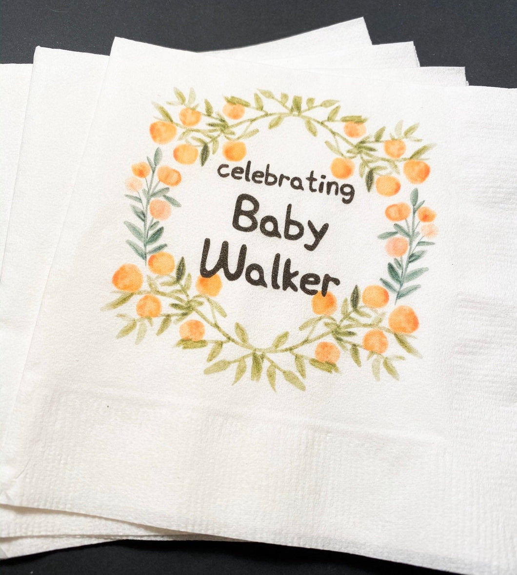 Clementine Cutie Baby Shower Spring Summer Little Cutie On the Way Baby Shower  Personalized Cocktail Napkins, Set of 25