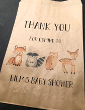 Load image into Gallery viewer, Woodland Animal Baby Shower Trail Mix Woodland Personalized Kraft Favor Bags Treat Bags, Set of 10

