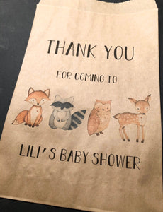 Woodland Animal Baby Shower Trail Mix Woodland Personalized Kraft Favor Bags Treat Bags, Set of 10