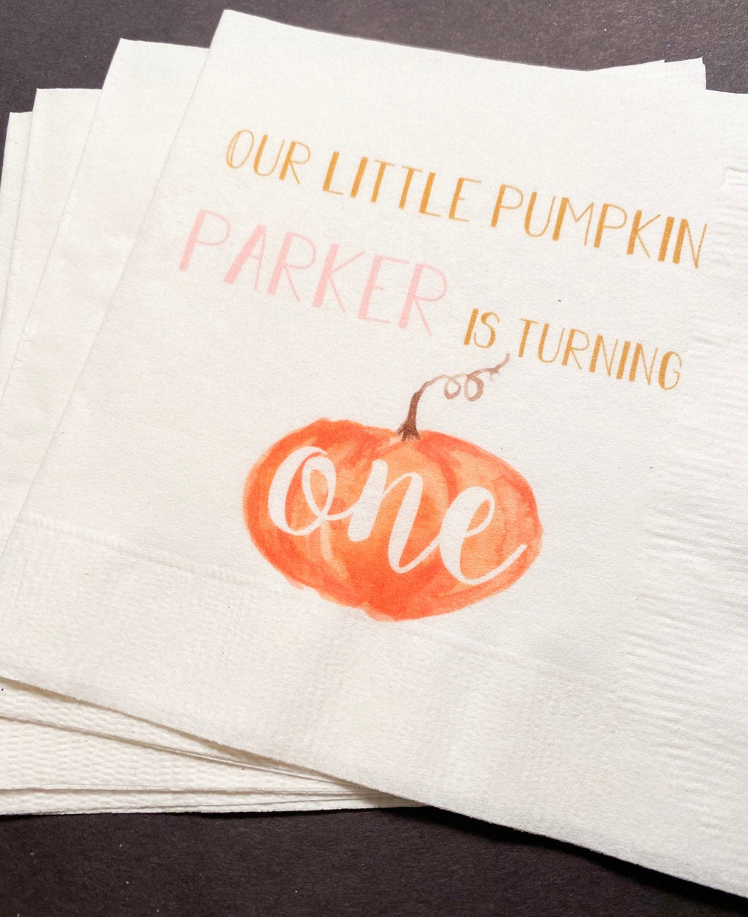 Our Lil' Pumpkin is Turning 1 Little Pumpkin Girl Fall First Birthday Personalized Cocktail Napkins, Set of 25
