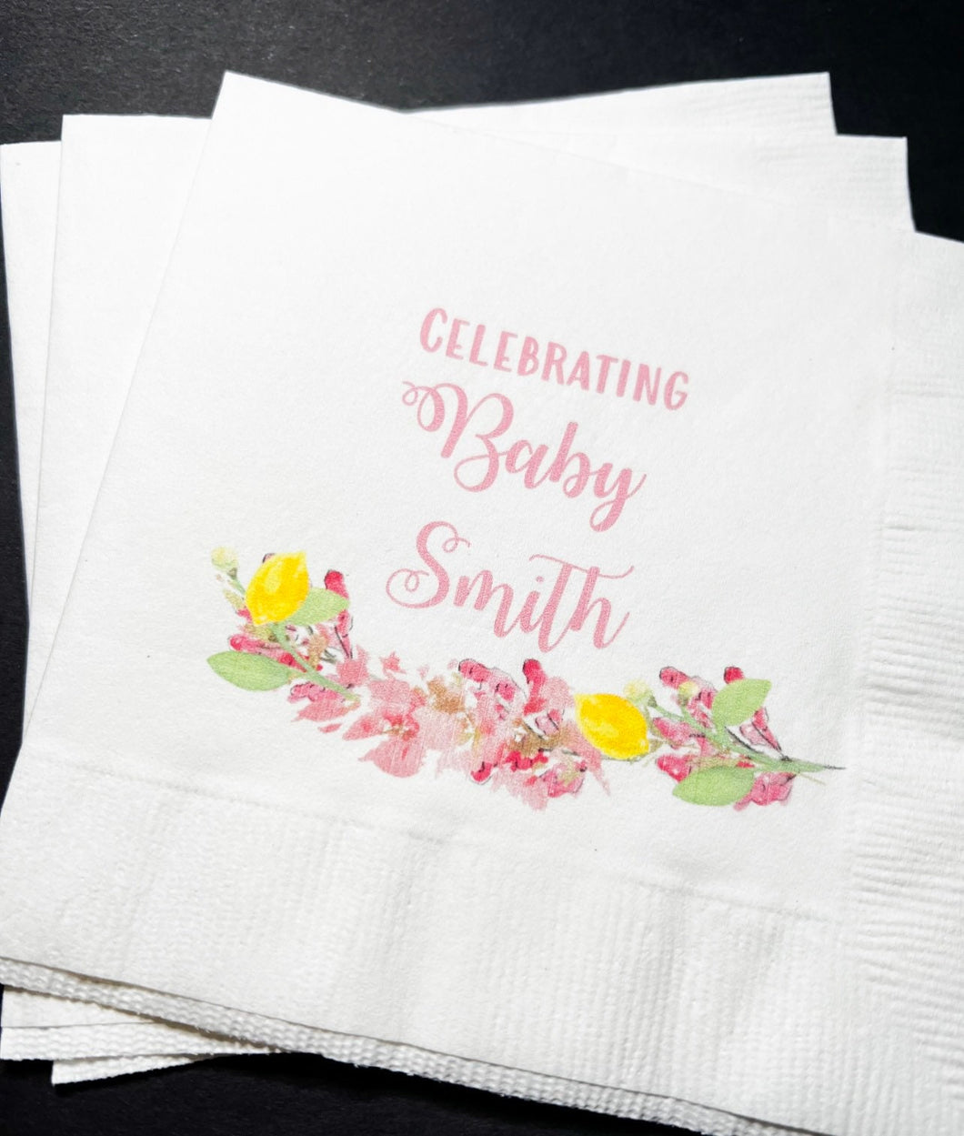 Lemon Baby Shower Spring Summer Baby  Shower Pink Yellow Personalized Cocktail, Luncheon or Dinner Napkins Set of 25
