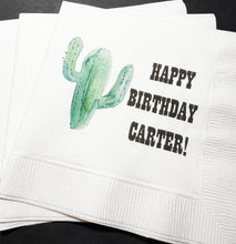 Load image into Gallery viewer, Cactus First Birthday Fiesta Succelents Birthday Party Personalized Cocktail, Luncheon or Dinner Napkins Set of 25
