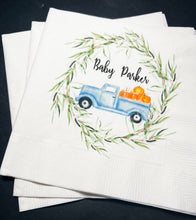 Load image into Gallery viewer, A Little Pumpkin Is On It&#39;s Way Blue Truck Fall Boy Baby Shower Pumpkin Autumn Baby Personalized Cocktail or Luncheon Napkins, Set of 25
