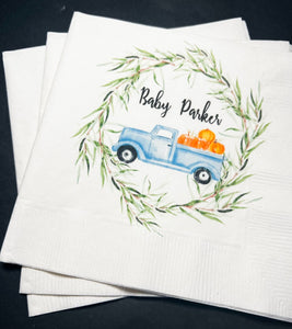 A Little Pumpkin Is On It's Way Blue Truck Fall Boy Baby Shower Pumpkin Autumn Baby Personalized Cocktail or Luncheon Napkins, Set of 25