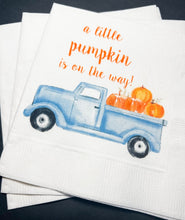 Load image into Gallery viewer, A Little Pumpkin Is On It&#39;s Way Blue Truck Fall Boy Baby Shower Pumpkin Autumn Baby Cocktail, Luncheon or Dinner Napkins Set of 25
