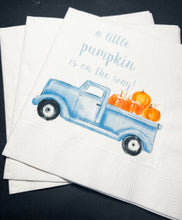 Load image into Gallery viewer, A Little Pumpkin Is On It&#39;s Way Blue Truck Fall Boy Baby Shower Pumpkin Autumn Baby Cocktail or Luncheon Napkins, Set of 25
