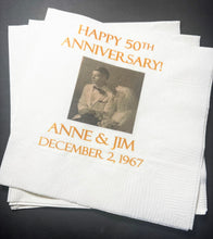 Load image into Gallery viewer, 50th Anniversary Wedding Picture Personalized  Anniversary Party Cocktail, Luncheon or Dinner Napkins Set of 25
