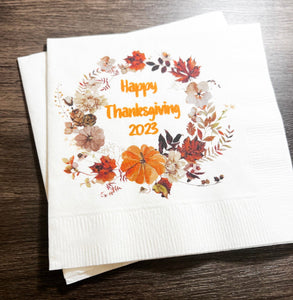 Thanksgiving Gather Give Thanks Pumpkin Fall Thanksgiving Dinner Table Cocktail, Luncheon or Dinner Napkins Set of 25