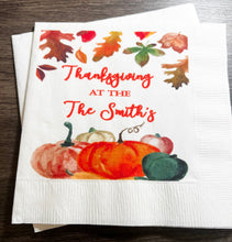 Load image into Gallery viewer, Thanksgiving Dinner Family Thanksgiving Table Personalized Cocktail, Luncheon or Dinner Napkins Set of 25
