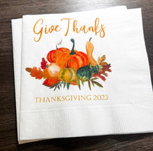 Load image into Gallery viewer, Thanksgiving Gather Give Thanks Pumpkin Fall Thanksgiving Dinner Table Cocktail, Luncheon or Dinner Napkins Set of 25
