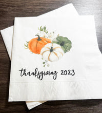 Load image into Gallery viewer, Thanksgiving Gather Give Thanks Pumpkin Fall Thanksgiving Dinner Table Cocktail, Luncheon or Dinner Napkins Set of 25
