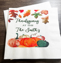 Load image into Gallery viewer, Thanksgiving Dinner Family Thanksgiving Table Personalized Cocktail, Luncheon or Dinner Napkins Set of 25
