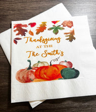 Load image into Gallery viewer, Thanksgiving Dinner Family Thanksgiving Table Personalized Cocktail, Luncheon or Dinner Napkins Set of 25
