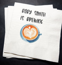 Load image into Gallery viewer, A Baby is Brewing Baby Shower Coffee Bar Baby Brunch Personalized Cocktail Napkins, Set of 25
