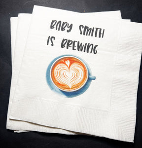 A Baby is Brewing Baby Shower Coffee Bar Baby Brunch Personalized Cocktail Napkins, Set of 25