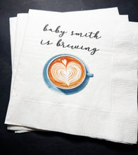 Load image into Gallery viewer, A Baby is Brewing Baby Shower Coffee Bar Baby Brunch Personalized Cocktail Napkins, Set of 25
