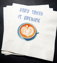 Load image into Gallery viewer, A Baby is Brewing Baby Shower Coffee Bar Baby Brunch Personalized Cocktail Napkins, Set of 25
