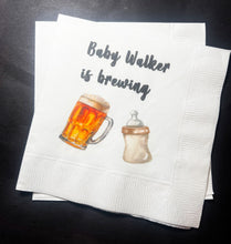 Load image into Gallery viewer, A Baby is Brewing Baby Shower Coffee Bar Baby Brunch Co-Ed Baby Shower Personalized Cocktail, Luncheon or Dinner Napkins Set of 25
