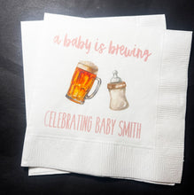 Load image into Gallery viewer, A Baby is Brewing Baby Shower Coffee Bar Baby Brunch Co-Ed Baby Shower Personalized Cocktail, Luncheon or Dinner Napkins Set of 25
