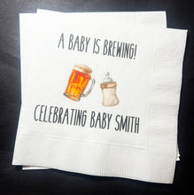 Load image into Gallery viewer, A Baby is Brewing Baby Shower Coffee Bar Baby Brunch Co-Ed Baby Shower Personalized Cocktail, Luncheon or Dinner Napkins Set of 25
