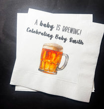 Load image into Gallery viewer, A Baby is Brewing Baby Shower Coffee Bar Baby Brunch Co-Ed Baby Shower Personalized Cocktail, Luncheon or Dinner Napkins Set of 25
