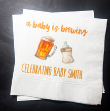 Load image into Gallery viewer, A Baby is Brewing Baby Shower Coffee Bar Baby Brunch Co-Ed Baby Shower Personalized Cocktail, Luncheon or Dinner Napkins Set of 25
