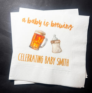 A Baby is Brewing Baby Shower Coffee Bar Baby Brunch Co-Ed Baby Shower Personalized Cocktail, Luncheon or Dinner Napkins Set of 25