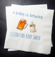 Load image into Gallery viewer, A Baby is Brewing Baby Shower Coffee Bar Baby Brunch Co-Ed Baby Shower Personalized Cocktail, Luncheon or Dinner Napkins Set of 25
