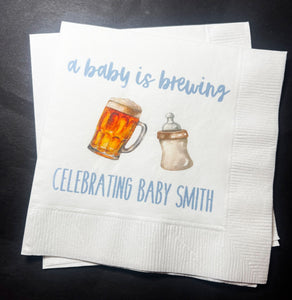 A Baby is Brewing Baby Shower Coffee Bar Baby Brunch Co-Ed Baby Shower Personalized Cocktail, Luncheon or Dinner Napkins Set of 25