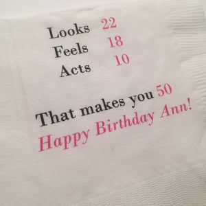 50th Birthday Fiftieth Birthday Party Pink Black Personalized Cocktail, Luncheon or Dinner Napkins Set of 25