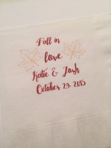 Set of 25 Personalized Fall in Love Fall Wedding Autumn Wedding Bridal Shower Cocktail Napkins